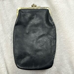 VINTAGE BLACK LEATHER CIGARETTE / COIN CASE, GOLD METAL CLOSURE